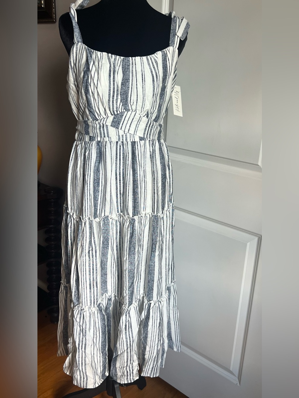Striped White and Gray Tie-Shoulder Dress